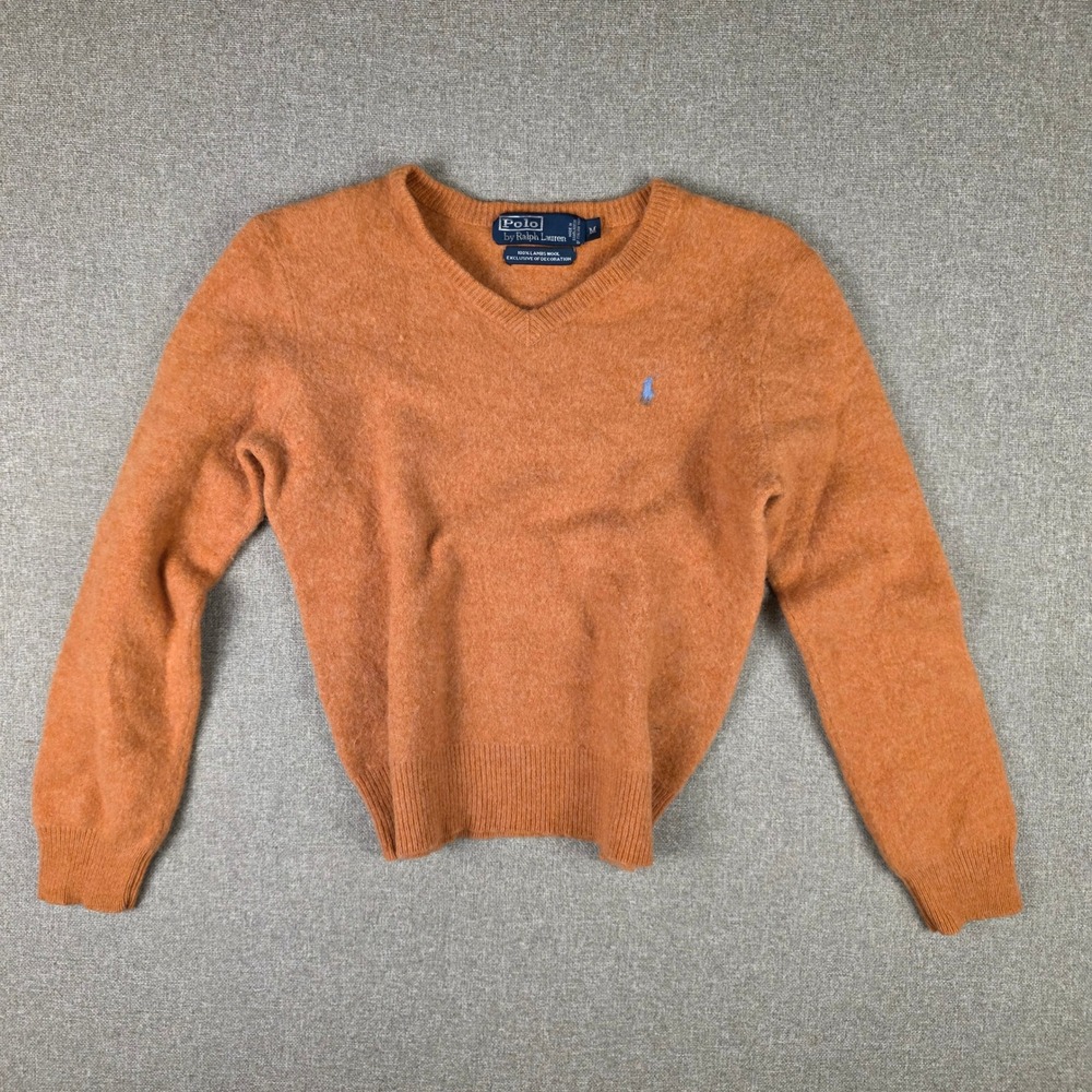 Polo Ralph Lauren Mens M Orange Lambswool V Neck Sweater Preppy Vintage